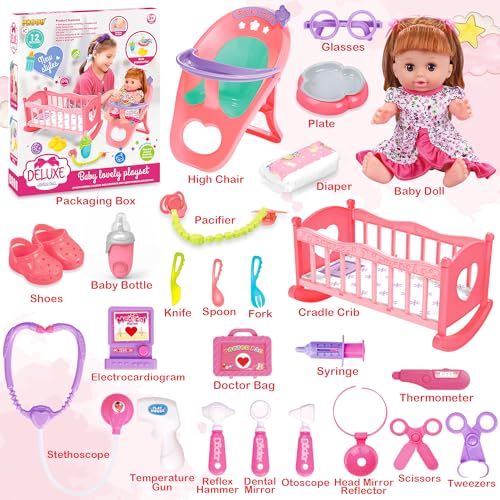 Baby Doll Toys Set, 14 Doll Toys, 25Pcs Dolls Care Toy Playset, Toddlers Toy Doll Set Incl Cradle Crib, High Chair, Milk Bottle, Pacifier, Diaper, Baby Gift for Age 3 4 5 6+ Years Old Girls Boys - Image 18