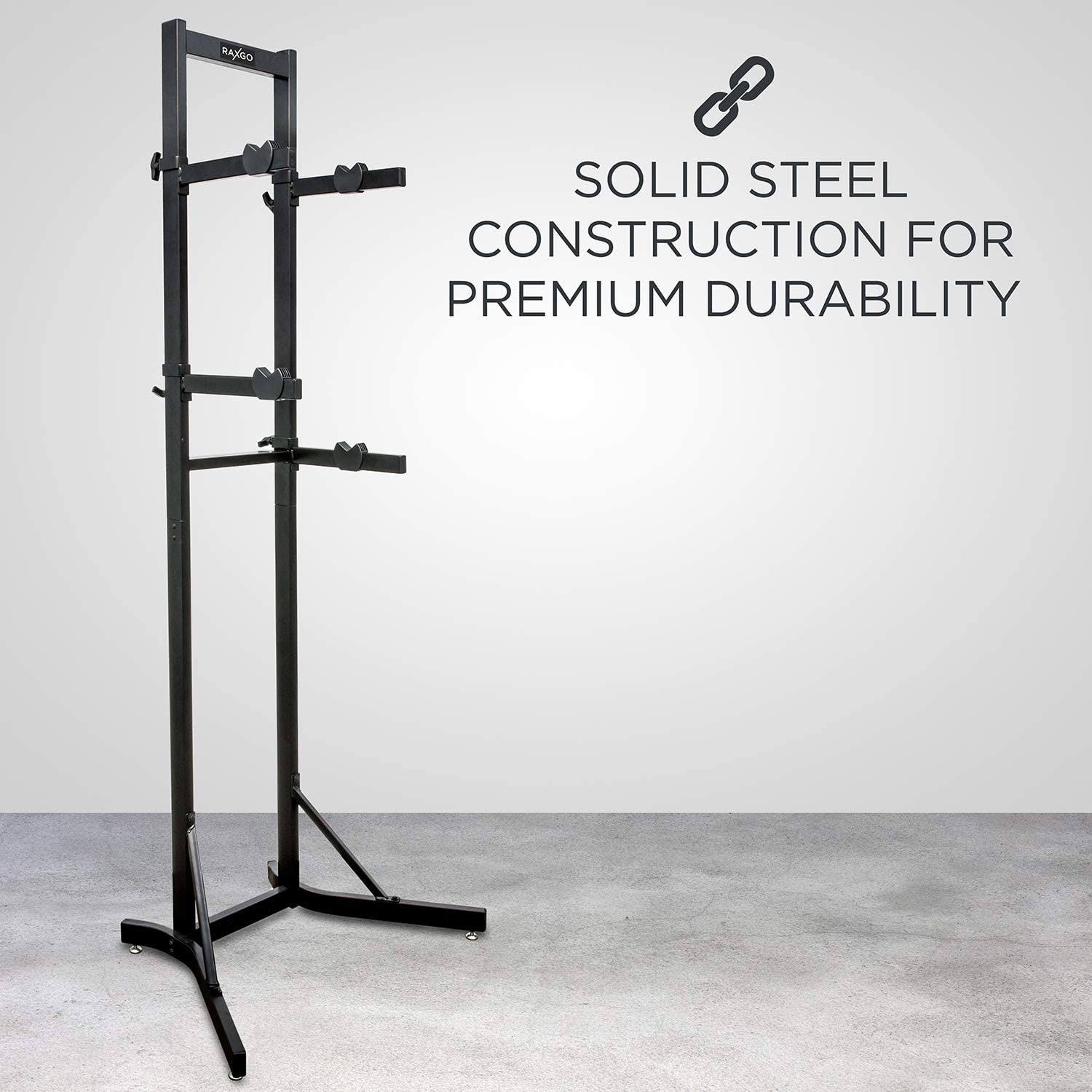 RaxGo Bike Storage Rack, 2 Bicycle Garage Stand, Adjustable, Freestanding, Adjustable Hooks Universal for Indoor Use - Image 4