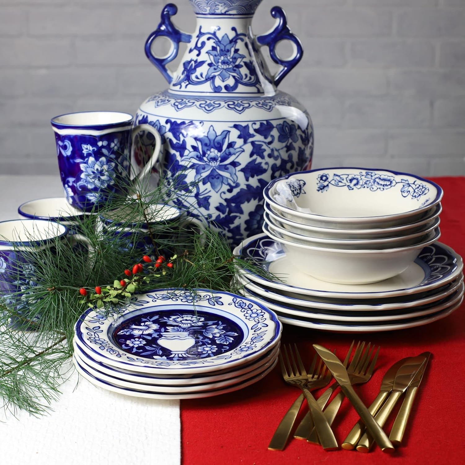 Euro Ceramica Blue Garden 16 Piece Oven Safe Hand Painted Stoneware Dinnerware Set, Service for 4, Bold Vase Design/Floral Pattern, White and blue - Image 3