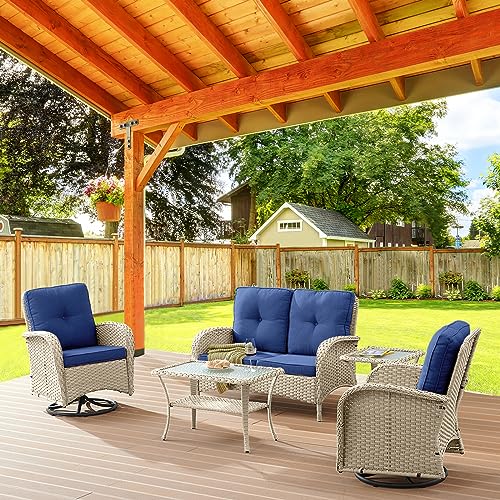 Patio Wicker Chairs Swivel Rocker – Outdoor Swivel Rocking Chairs Set of 2 with Rattan Side Table, Patio Swivel Glider Chair 3 Piece Patio Furniture Sets for Deck Porch Pool Brown/Blue - Image 37