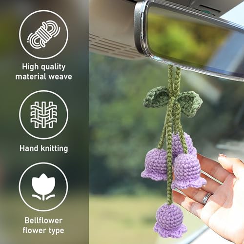 Car Mirror Rear View Mirror Convallaria Accessories, Cute Car Rear View Mirror Hanging Daisy Decorative Charms, Universal Handmade Daisy Aesthetic Ornament for Most Vehicles (Purple) - Image 3