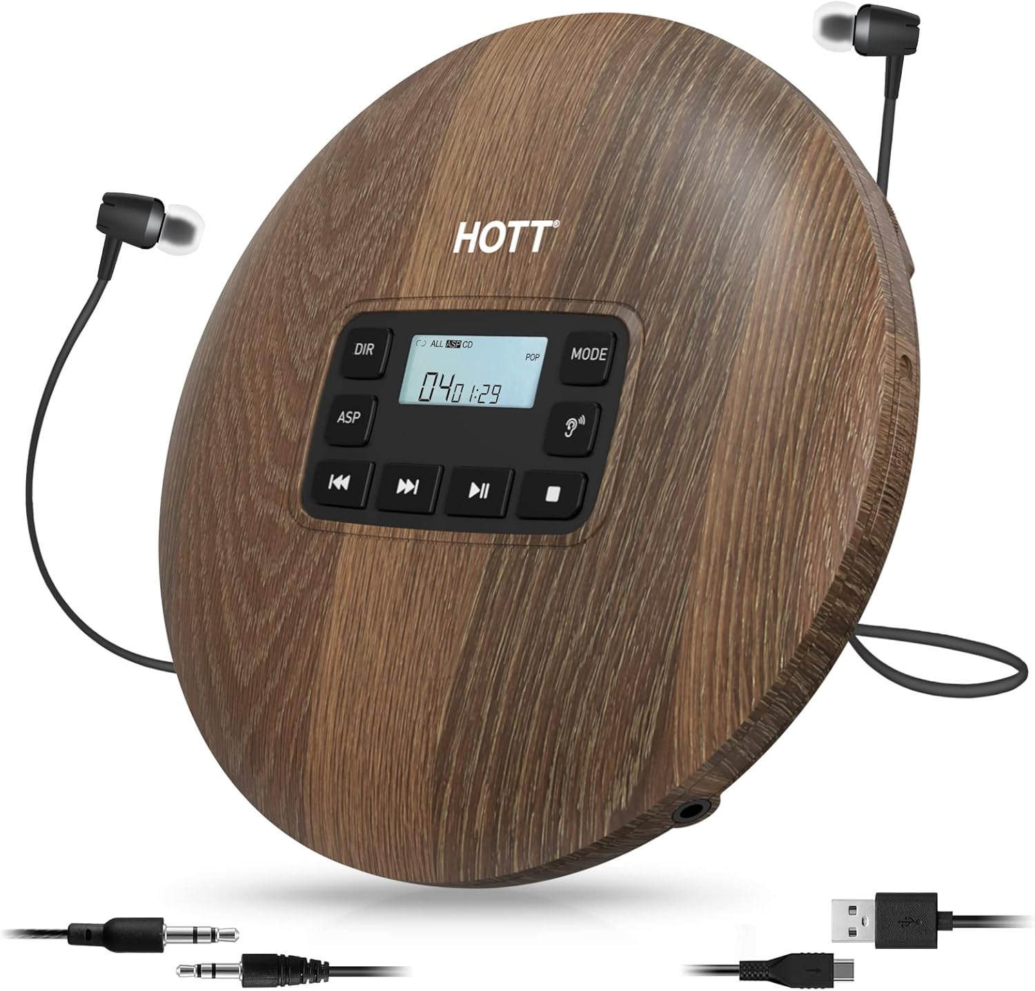 HOTT CD611 Portable CD Player for Home Travel and Car with Stereo Headphones, Anti-Shock ,Wood Grain