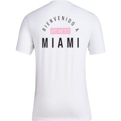 adidas Men’s Soccer Messi X Miami Bienvenido a Miami Tee -Messi Graphic Logo and #10, Available in Black & White