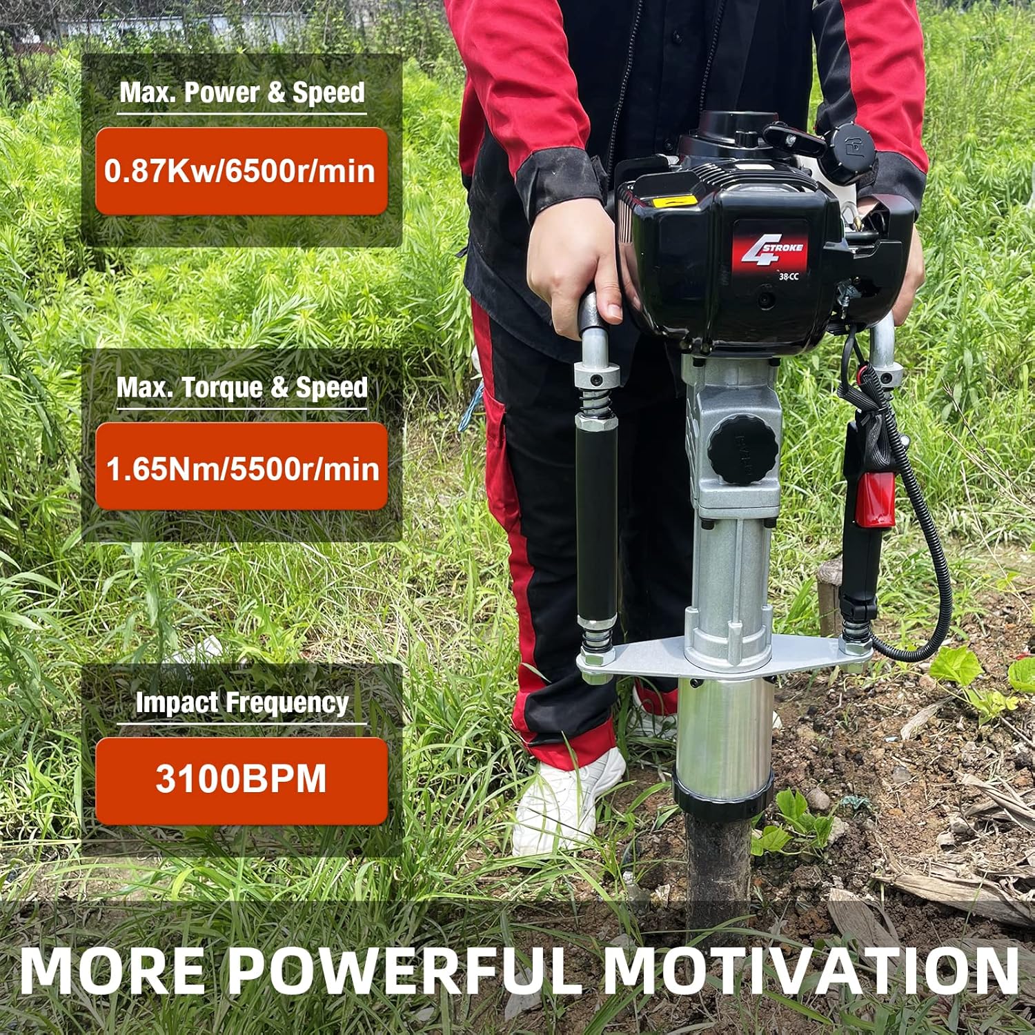 Gas Powered 4-Stroke T Post Driver Hammer Drills, 37.7CC Gasoline Engine Pile Driver, Air Cooling Single Cylinder Gasoline Petrol Garden Fencing Tool Machine with 2 Post Driving Head - Image 2