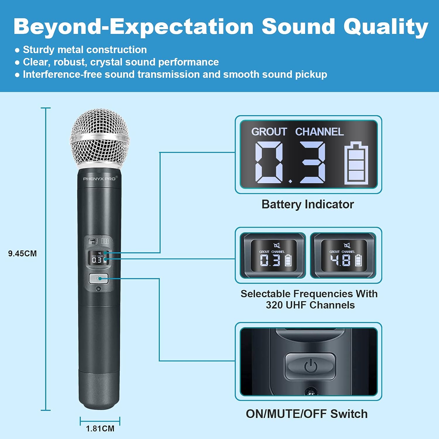 Wireless Microphone System, Phenyx Pro Quad Channel Cordless Mic Set with Metal Handheld Mics, 4×40 Channels, Auto Scan, Long Distance 328ft, Ideal for DJ, Church, Outdoor Events (PTU-7000A) - Image 4