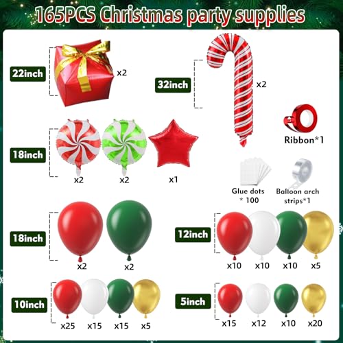 165Pcs Christmas Balloon Arch Garland Kit with Xmas Red White Green Gold Latex Balloons Gift Box Candy Cane Star Foil Balloons Arch Kit for Christmas New Year Party Birthday Party Decorations - Image 16