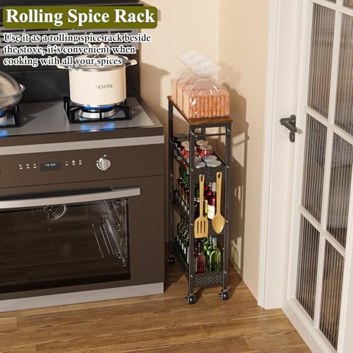 Utility Slim Storage Cart, 4 Tier Small Rolling Kitchen Laundry Room Cart with Wood Top, Metal Narrow Bathroom Storage Cabinet Mobile Shelf Unit Organizer Trolley with Handle for Narrow Space - Image 23