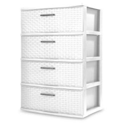 Sterilite 4 Drawer White Plastic Storage Organizer Cabinet Wide Weave Tower Dresser 25408001