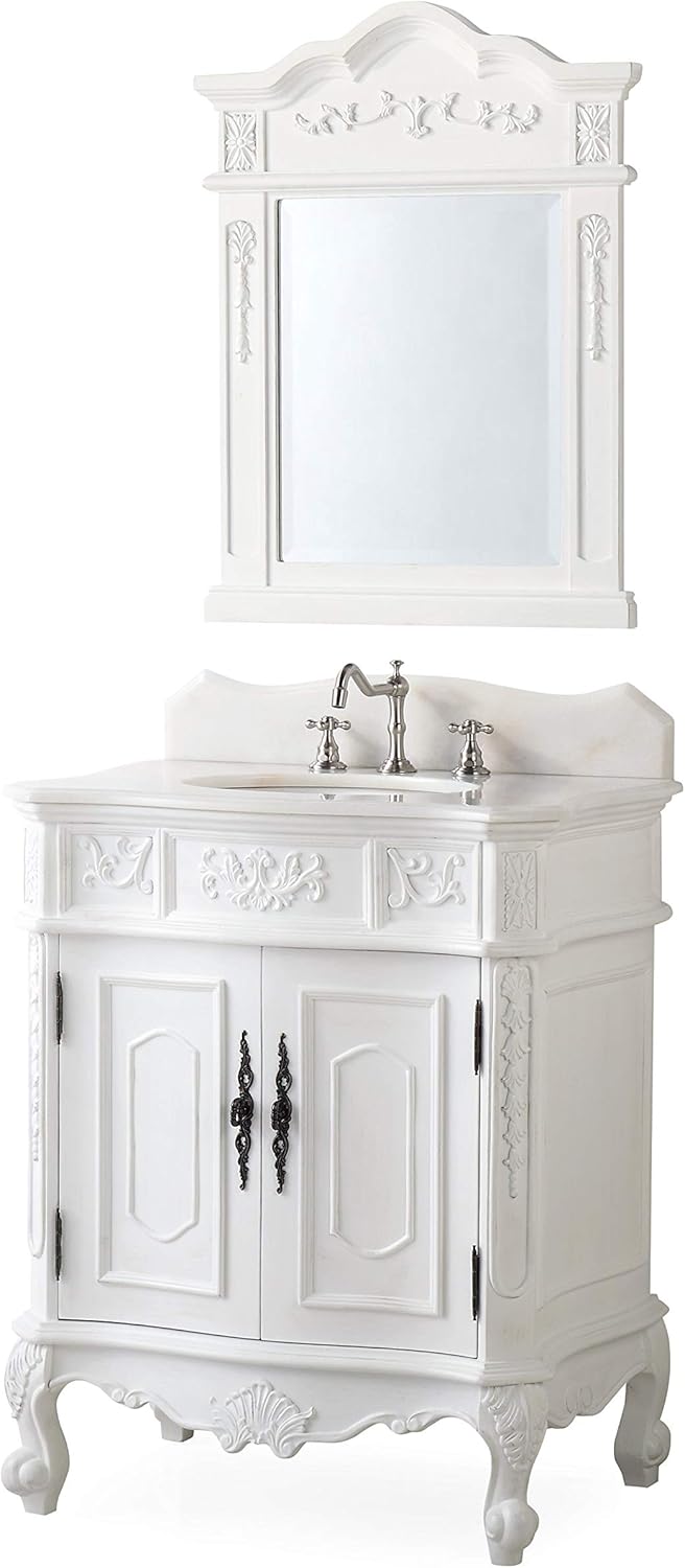 30.75 Ellenton Antique Style White Bathroom Sink Vanity & Mirror Set HF-080W-AW-BS-MIR