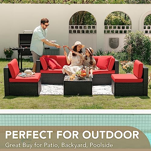 Devoko Patio Furniture Sets 6 Pieces Outdoor Sectional Rattan Sofa Manual Weaving Wicker Patio Conversation Set with Glass Table and Cushion (Beige) - Image 42