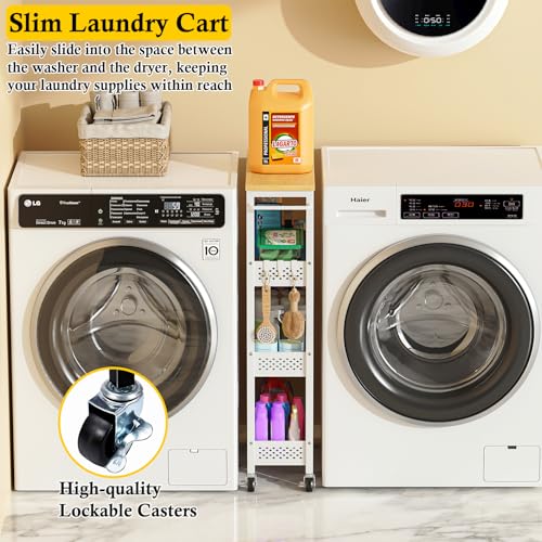 Utility Slim Storage Cart, 4 Tier Small Rolling Kitchen Laundry Room Cart with Wood Top, Metal Narrow Bathroom Storage Cabinet Mobile Shelf Unit Organizer Trolley with Handle for Narrow Space - Image 3