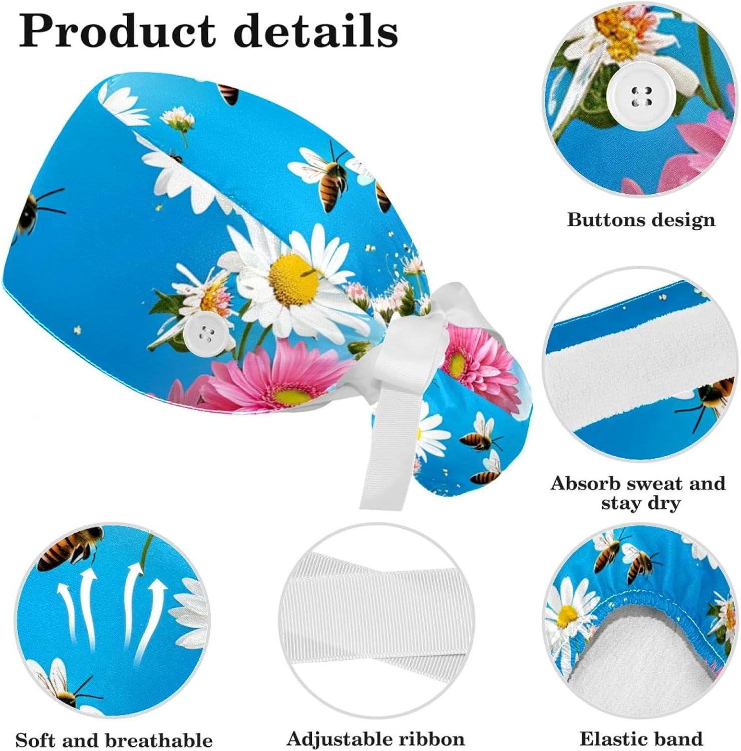 Scrub Surgical Hat,Cycling Hat with Buttons and Cotton Sweatband,Peach Blossom Spring Butterfly - Image 4