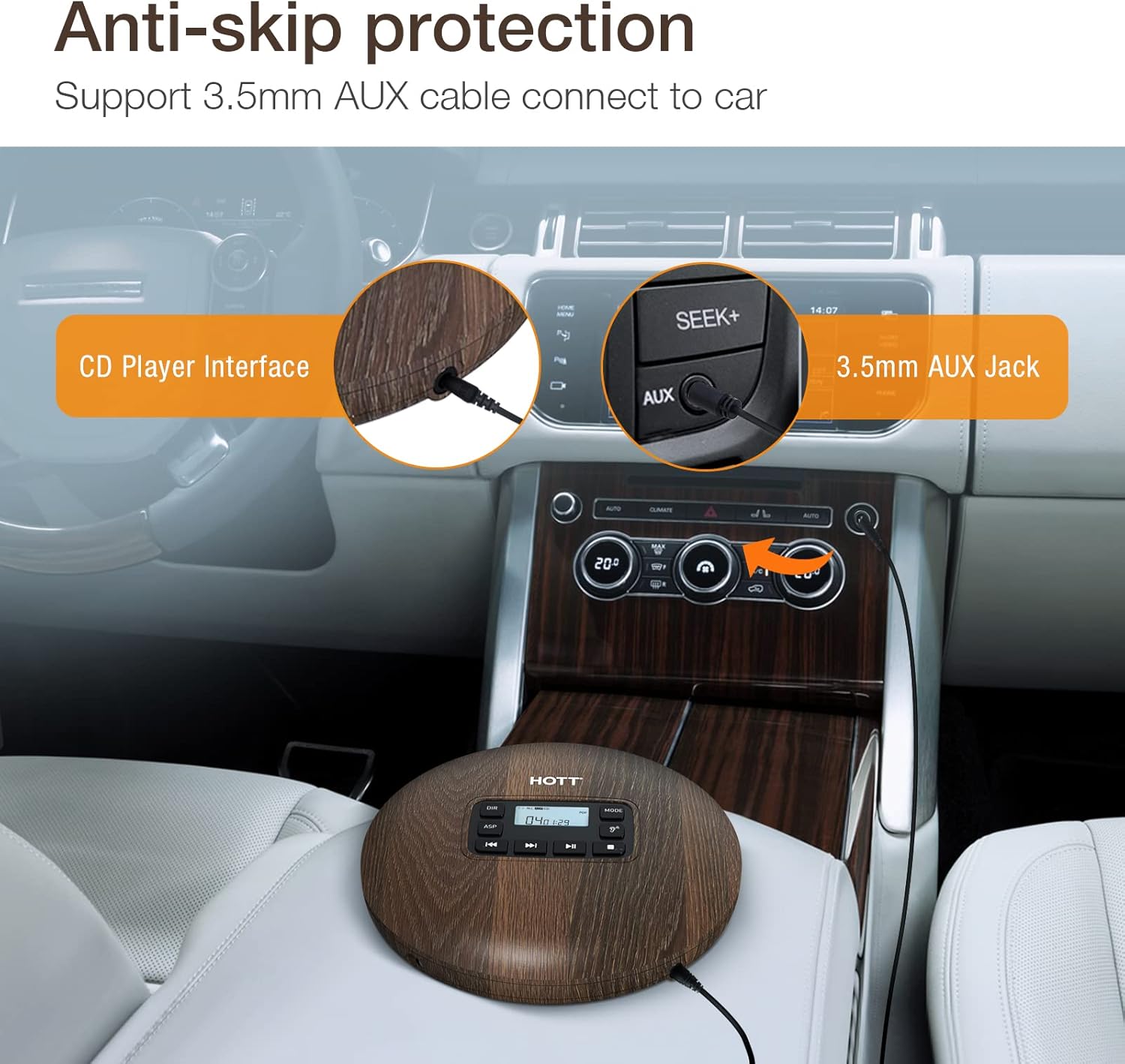 HOTT CD611 Portable CD Player for Home Travel and Car with Stereo Headphones, Anti-Shock ,Wood Grain - Image 2