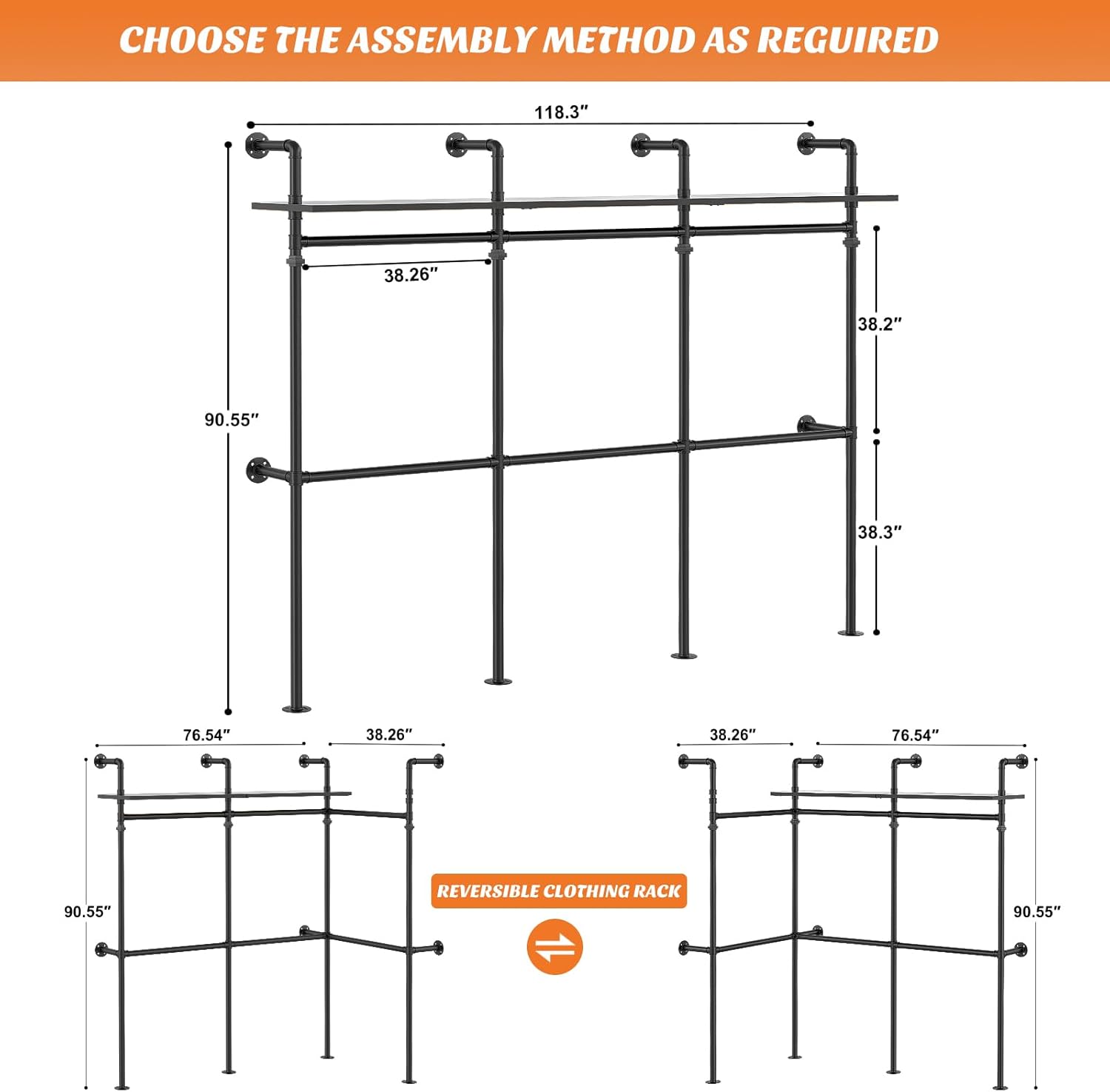 Aheaplus Industrial Pipe Clothing Rack, Reversible 79.7” Clothes Rack for Hanging Clothes, Heavy Duty Garment Racks Closet Wardrobe with LED Lights& Shelves, Walk-in Closet System, Black - Image 10