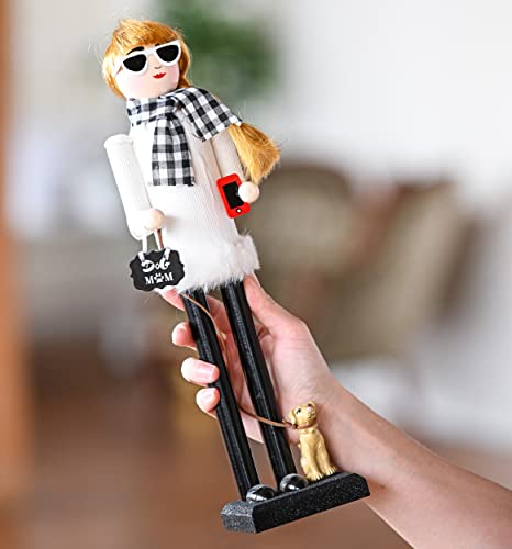 Ornativity Christmas Dog Mom Nutcracker ?C White and Black Wooden Nutcracker Woman with Dog on Leash and a Smartphone in Hand Xmas Themed Holiday Nut Cracker Doll Figure Decorations 15 - Image 5