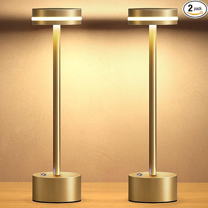 Cordless Table Lamp, Portable Rechargeable Bedside Lamp, Touch Stepless Dimmable Desk Lamp, for Home Bedroom Hotel Restaurant Bar Outdoor, 2 Pack, Gold