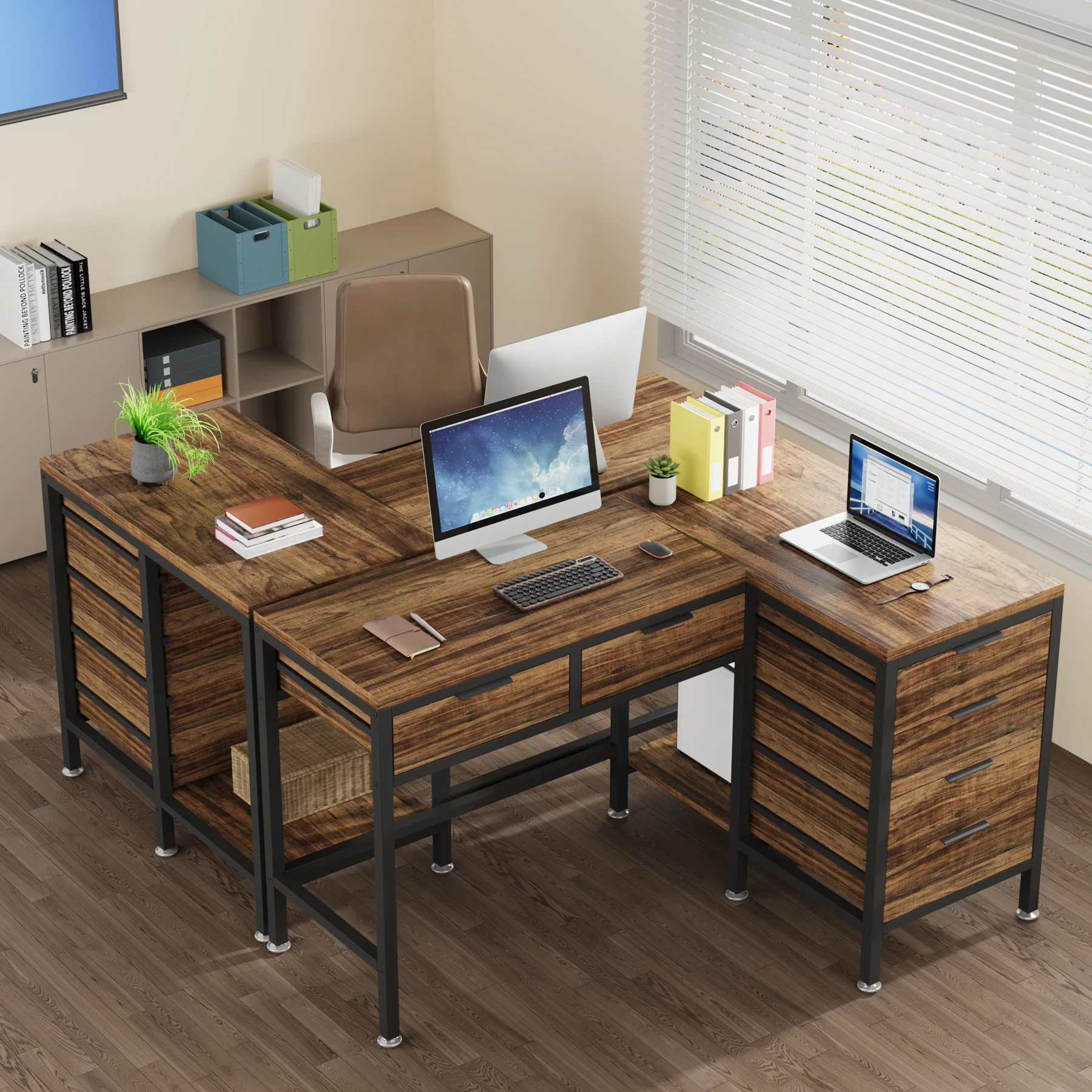 Tribesigns L-Shaped Desk with 6 Drawers, 47 in. Computer Corner Desk with CPU Storage Stand, Home Office Writing Desk Space-Saving Workstation Table - Image 2