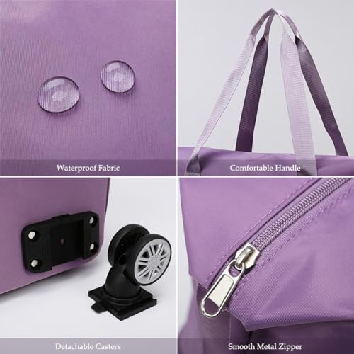 Rolling Duffle Bag with Wheels and Handle Foldable Travel Bag Expandable Carry on Bag with Detachable Casters Wheeled Weekender Bag for Women & Men – Purple - Image 6