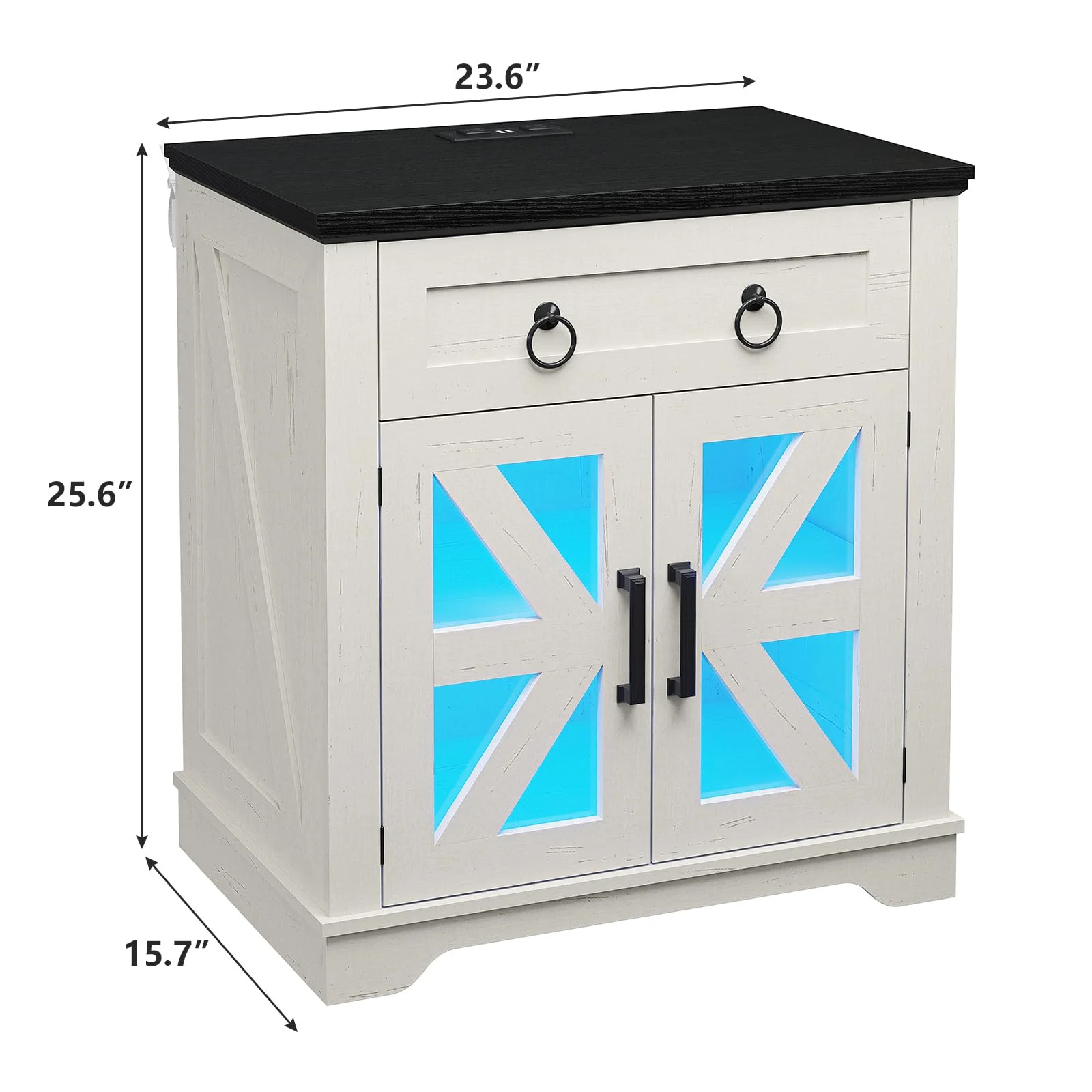 Farmhouse End Table with Charging Station, Side Table with LED Lights, White Night Stand for Living Room, Bedroom - Image 4