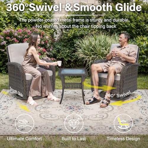 Patio Wicker Chairs Swivel Rocker – Outdoor Swivel Rocking Chairs Set of 2 with Rattan Side Table, Patio Swivel Glider Chair 3 Piece Patio Furniture Sets for Deck Porch Pool Brown/Blue - Image 77