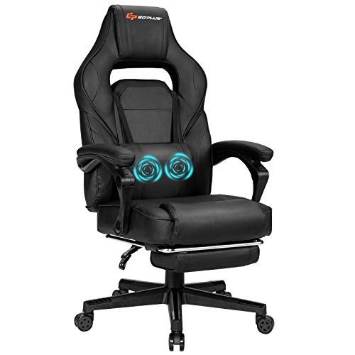 Goplus Massage Gaming Chair, Reclining Backrest, Seat Height Adjustment Racing Computer Office Chair with Footrest, Ergonomic High Back PU Swivel Game Chair (White)