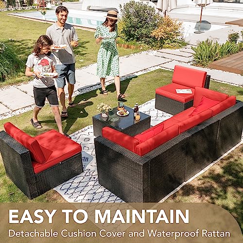 Devoko Patio Furniture Sets 6 Pieces Outdoor Sectional Rattan Sofa Manual Weaving Wicker Patio Conversation Set with Glass Table and Cushion (Beige) - Image 49