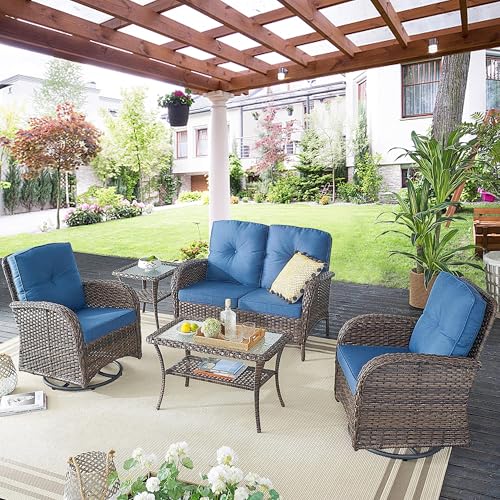 Patio Wicker Chairs Swivel Rocker – Outdoor Swivel Rocking Chairs Set of 2 with Rattan Side Table, Patio Swivel Glider Chair 3 Piece Patio Furniture Sets for Deck Porch Pool Brown/Blue - Image 172