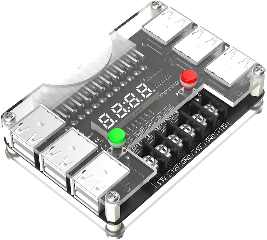 New Version ATX Power Supply Breakout Board and Acrylic Case Kit with 3.3V, 5V, 12V,-12V Output Voltage and 12 Ports USB, 3A Maximum Output