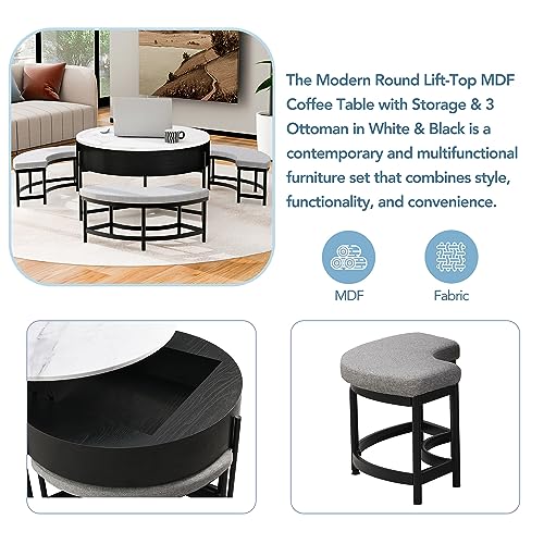 Linique Modern Round Lift-Top Coffee Table with Storage and 3 Ottoman, White + Black - Image 14