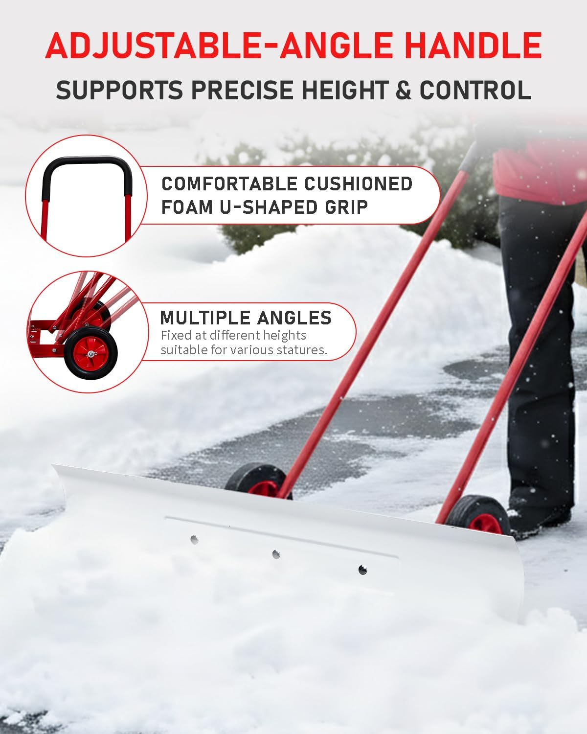 Outvita Snow Shovel with Wheels, 29 Wide 18 Long Snow Plow Shovel Angle & Height Adjustable Padded Handle Efficient Snow Clean Tool for Driveway or Pavement (Yellow) - Image 42