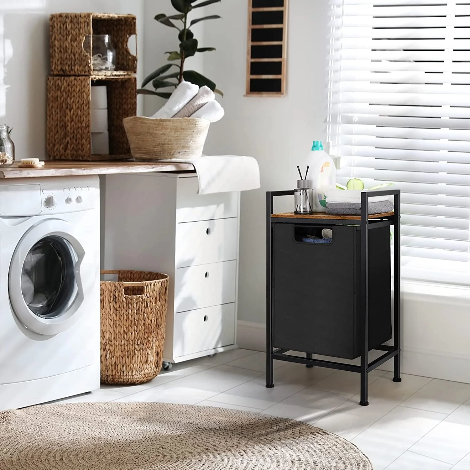 Black Laundry Hamper Basket with Removable Bag and Brown Wood Shelf - Image 2