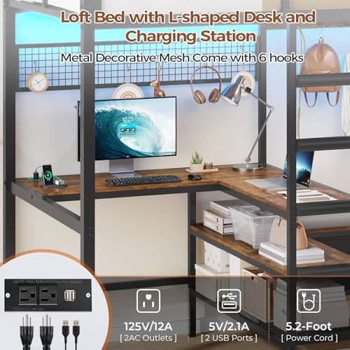 DICTAC Twin Loft Bed with L-Shaped Desk,Storage Shelves and Charging Station Metal Loft Bed Twin Size with LED Lights,Coat Rack with Drawers and Stair,Top Bunk with Safety Guardrail for Teen,Black - Image 6
