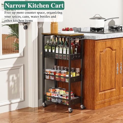 Utility Slim Storage Cart, 4 Tier Small Rolling Kitchen Laundry Room Cart with Wood Top, Metal Narrow Bathroom Storage Cabinet Mobile Shelf Unit Organizer Trolley with Handle for Narrow Space - Image 18