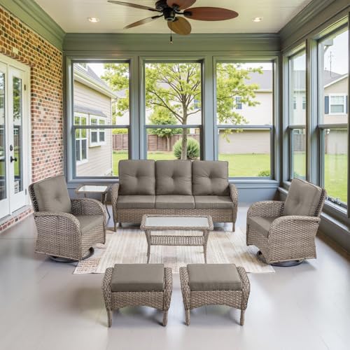 Patio Wicker Chairs Swivel Rocker – Outdoor Swivel Rocking Chairs Set of 2 with Rattan Side Table, Patio Swivel Glider Chair 3 Piece Patio Furniture Sets for Deck Porch Pool Brown/Blue - Image 13
