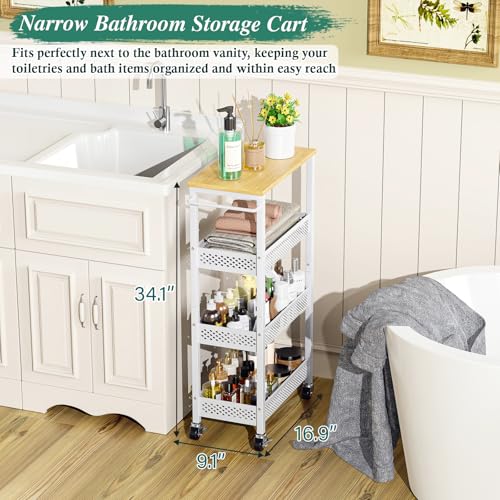 Utility Slim Storage Cart, 4 Tier Small Rolling Kitchen Laundry Room Cart with Wood Top, Metal Narrow Bathroom Storage Cabinet Mobile Shelf Unit Organizer Trolley with Handle for Narrow Space - Image 29