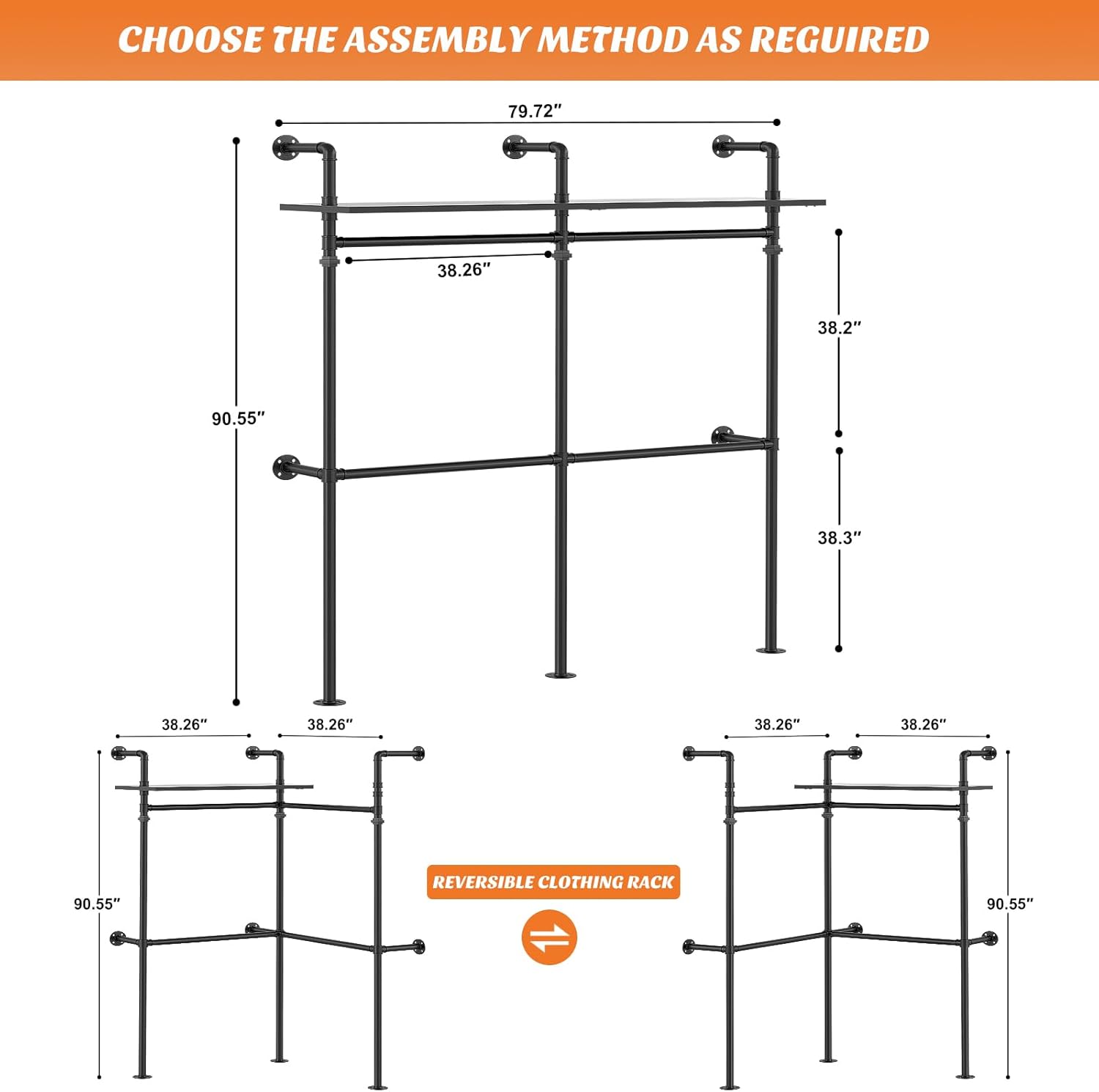Aheaplus Industrial Pipe Clothing Rack, Reversible 79.7” Clothes Rack for Hanging Clothes, Heavy Duty Garment Racks Closet Wardrobe with LED Lights& Shelves, Walk-in Closet System, Black - Image 28