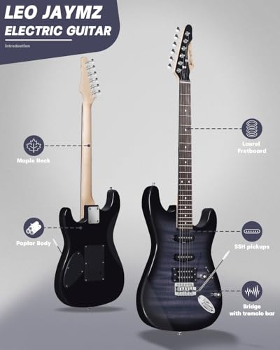 Leo Jaymz 39 Full Size ST Style Electric Guitar Starter Kit with SSH Pickup, 5W Portable Amp, Tuner, Gig Bag, Strap & Accessories (Violet Ocean) - Image 49
