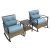 Outdoor Wicker Rocking Chairs Patio – 3 Pieces Patio Furniture Rattan Rocker Chairs Wicker Rocking Bistro Set with Cushions and Side Table for Garden Patio Yard Porch Lawn Balcony (Blue)