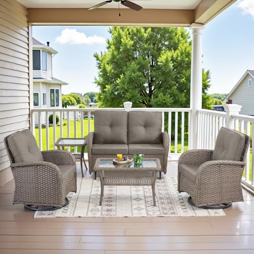 Patio Wicker Chairs Swivel Rocker – Outdoor Swivel Rocking Chairs Set of 2 with Rattan Side Table, Patio Swivel Glider Chair 3 Piece Patio Furniture Sets for Deck Porch Pool Brown/Blue - Image 176