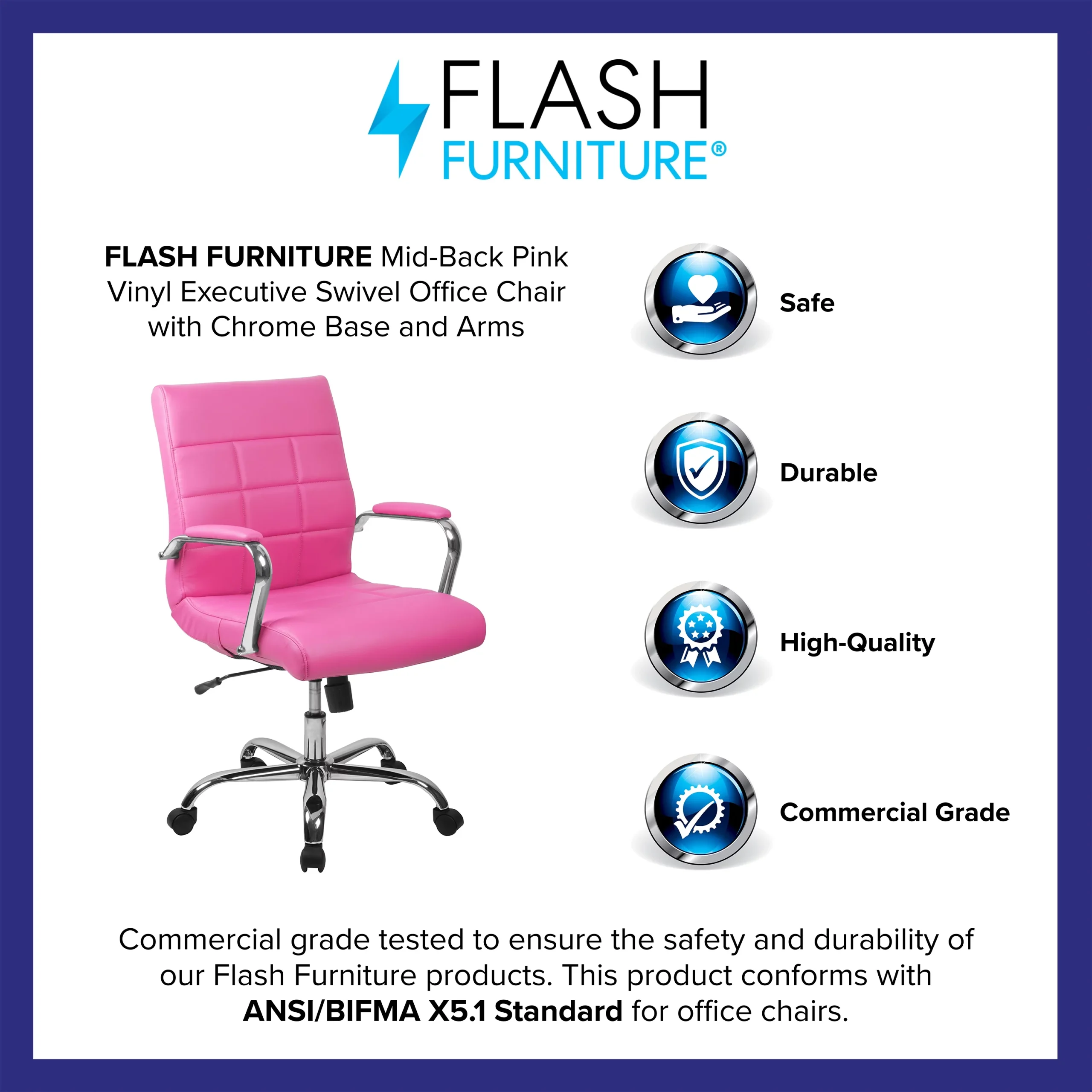Emma + Oliver Mid-Back Pink Vinyl Executive Swivel Office Chair with Chrome Base and Arms - Image 4