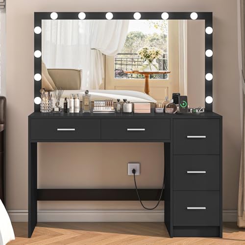 Makeup Vanity Desk with Mirror, 10 Lights, 5 Drawers, 3 Storage Shelves, 3 Color Modes & Adjustable Brightness Dressing Table, 35.4?? Desk, Black - Image 2