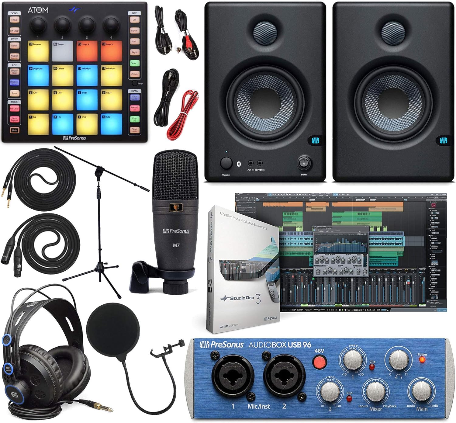 PreSonus AudioBox 96 Audio Interface (May Vary Blue or Black) Full Studio Bundle with Studio One Artist Software Pack, ATOM MIDI/Production Pad Controller, Eris 4.5 BT Pair 2-Way Bluetooth Monitors