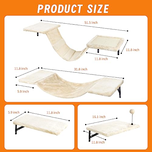 Wall-Mounted Cat Climber Set with Climbing Shelves, Perches, Bridge,Hammock,Scratching Board & Ball – 7 Pcs Wood Indoor Cat Furniture for Kittens Play (Beige) - Image 3
