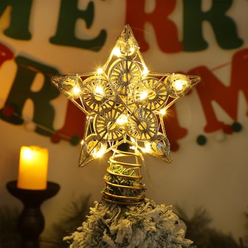 Juegoal Star Tree Topper with 20 LED Lights, Metal Golden Lighted Treetop Ornaments, Battery Powered Light Up Christmas Tree Decorations, 6.5 x 6.5 Inches - Image 11