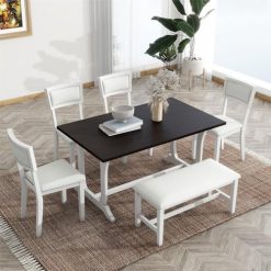 Alternative view of Wood Dining Table Set for 6 with 4 Upholstered Chair & 1 Bench, Mid-Century Modern Dining Room Table Set with Chairs Dinner Table Set for Dining Room, Kitchen, Natural