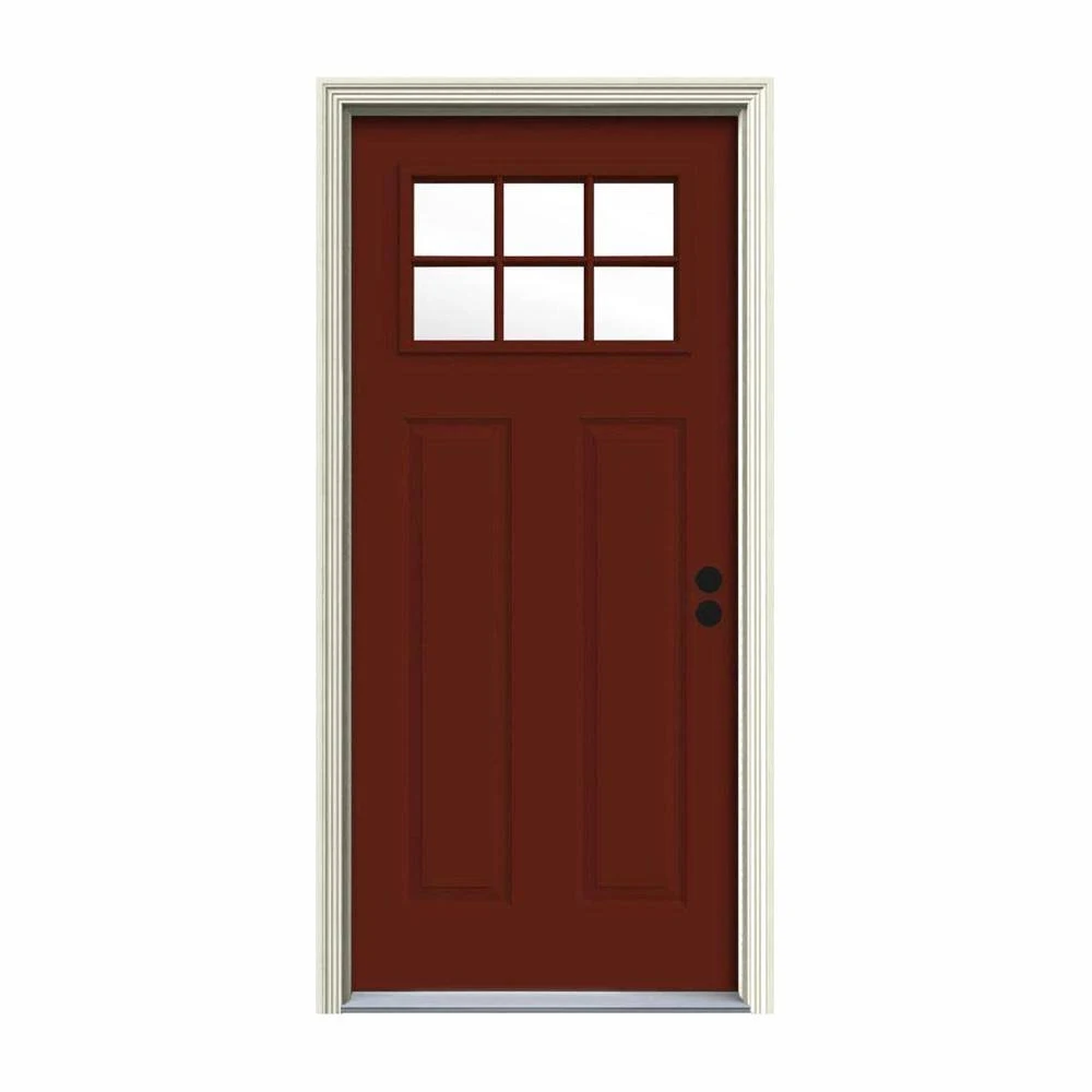 JELD-WEN 32 in. x 80 in. 6 Lite Craftsman Mesa Red w/White Interior Steel Prehung Left-Hand Inswing Front Door w/Brickmould, Mes