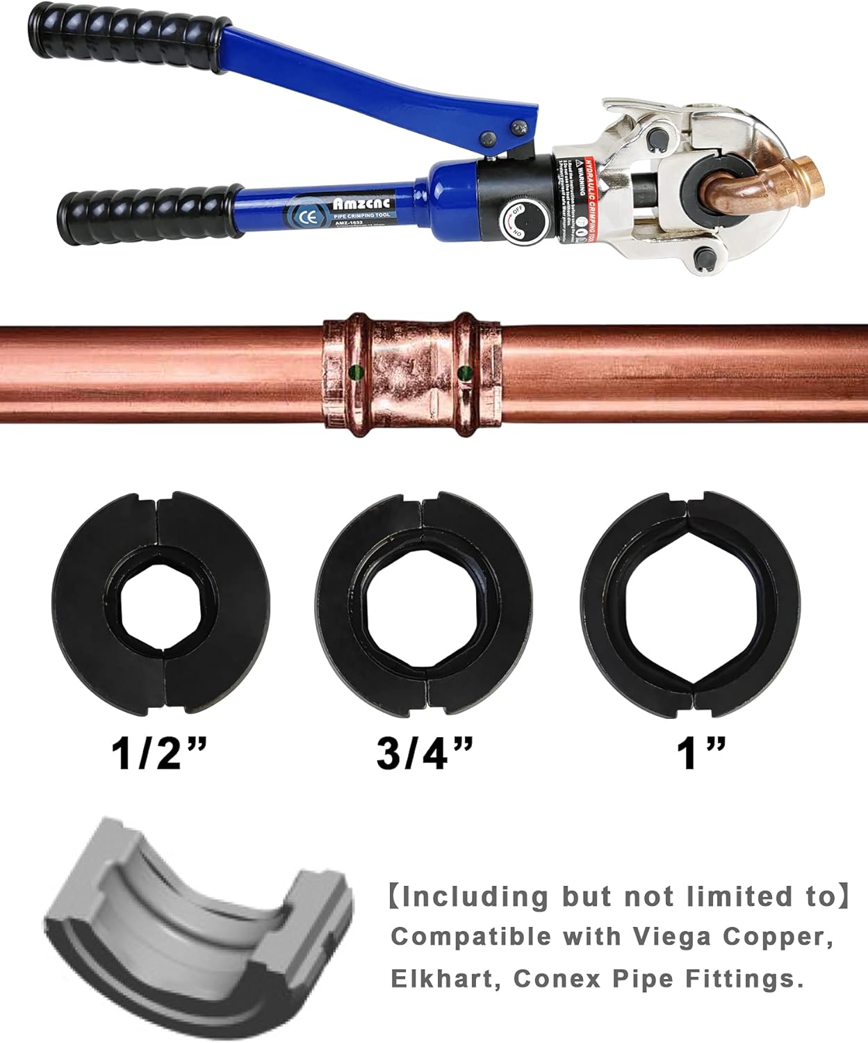 AMZCNC Copper Tube Fittings Hydraulic Pipe Crimping Tool with 1/2,3/4 and 1 Jaw Copper Pipe Propress Crimper Pressing Pliers - Image 3