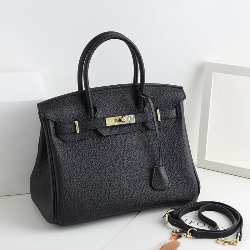 KAMUGO Leather Handbag for Women , Ladies Shoulder Bag Fashion Classic Lychee Pattern First Layer Cowhide Top Handle Satchel – black