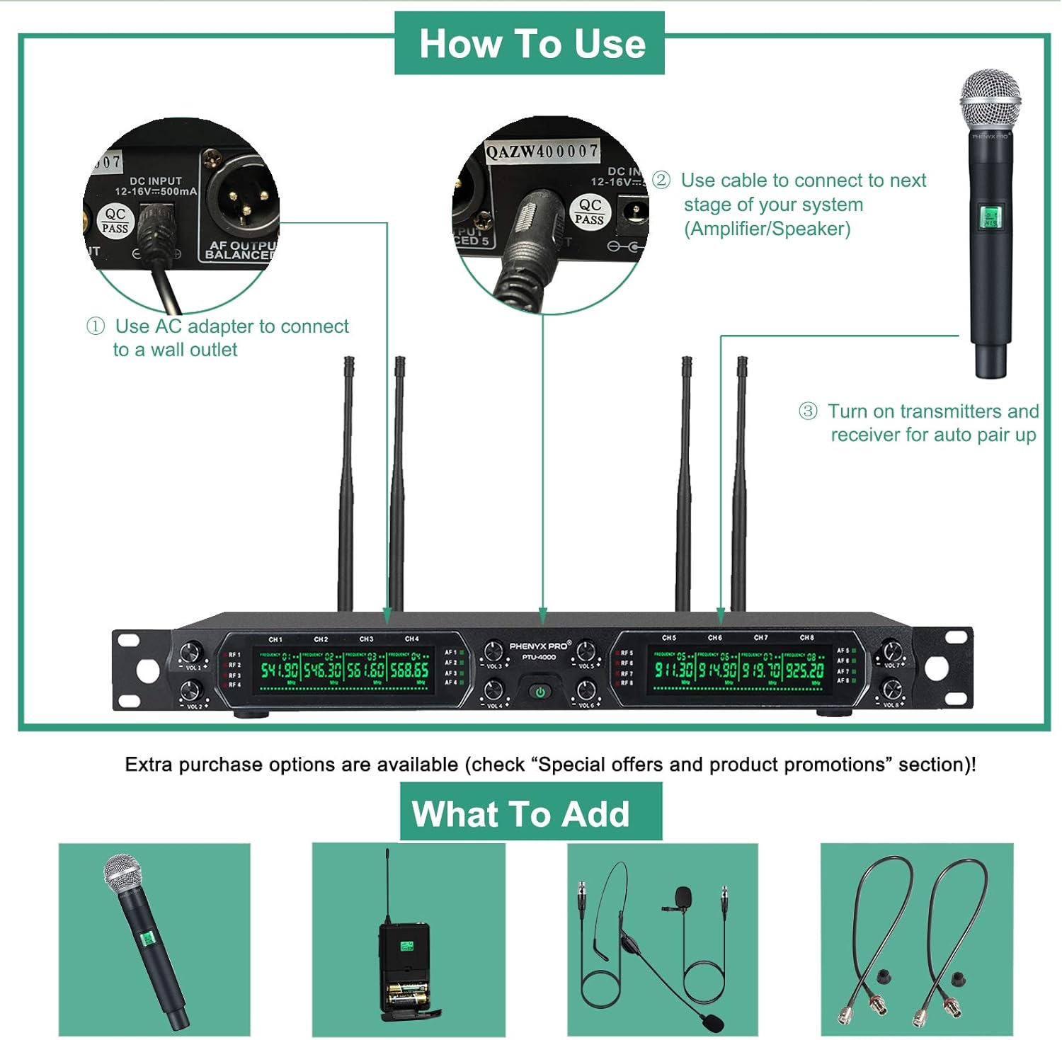Wireless Microphone System, Phenyx Pro 8-Channel UHF Cordless Mic Set with Eight Handheld Mics, Fixed Frequency, All Metal Build, Long Range 260ft, Ideal for Karaoke,Church,Events (PTU-4000A) - Image 4