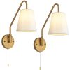 PASSICA DECOR Hardwired Wall Sconces Set of Two 2 Pack with Pull Chain ON Off Matte Black Swing Arm Lighting Modern Vintage Lamp Industrial White Fabric Wall Light for Bedroom Farmhouse Living Room